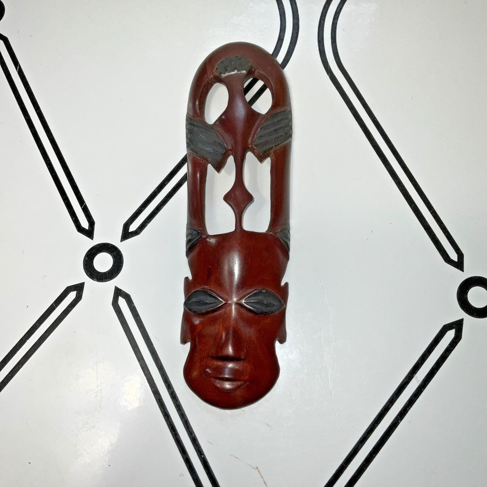 Hand Carved African‎ Style Wooden Mask Wall Decor Red Brown Openwork Long Mask